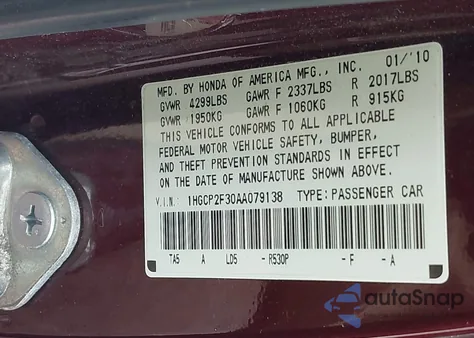 2010 Honda Accord 2.4 Lx from USA, damaged, VIN 1HGCP2F30AA079138